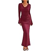 ZESICA Women's 2026 Fall Long Sleeve Ruched Knit Bodycon Maxi Dress Cowl Neck Back Slit Formal Wedding Guest Cocktail Dresses