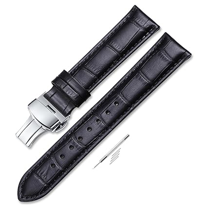 iStrap 24mm Calf Leather Padded Replacement Watch Band W/Push Button Deployment Buckle Black 24