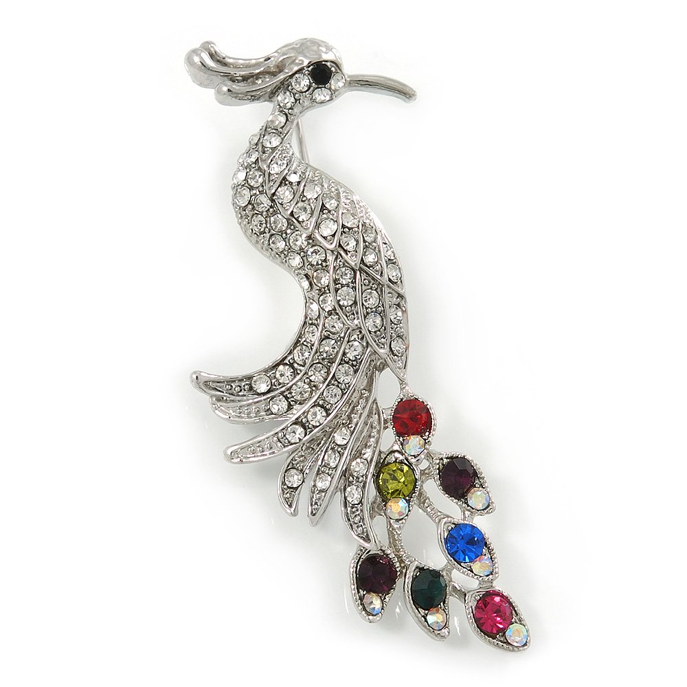 Exotic Multicoloured Crystal Bird Brooch In Rhodium Plating - 60mm
