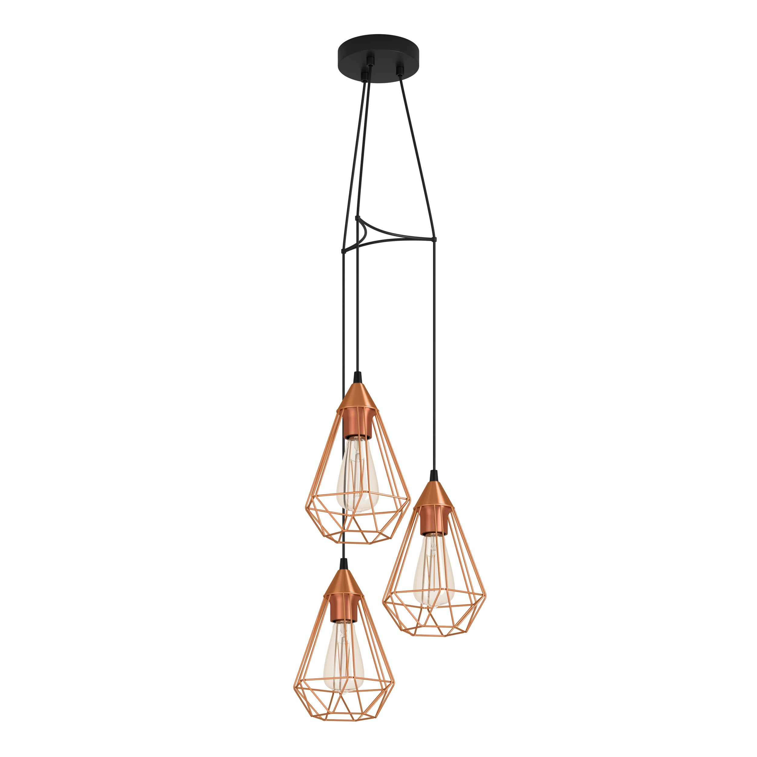Eglo Tarbes 3-Bulb Pendant Lamp, Vintage/Retro Style Ceiling Lighting, Steel and Plastic Coloured in Copper and Black Hanging Light, E27 Socket, Ø 31 cm (12.2")
