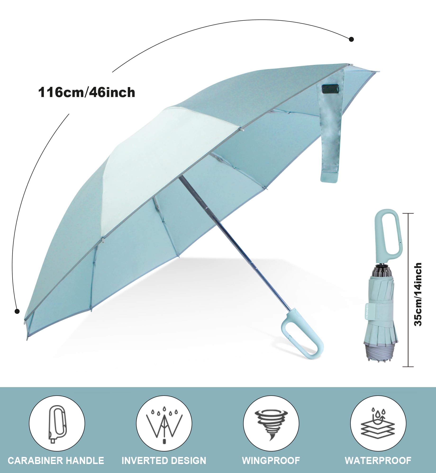 QWB TUMAAOTU Inverted Umbrella with Carabiner Handle, Wind Proof Umbrellas For Rain and Sun, 46 Inch Portable Reverse Folding UV Umbrella, Car Umbrella for Women Men, 10 Ribs