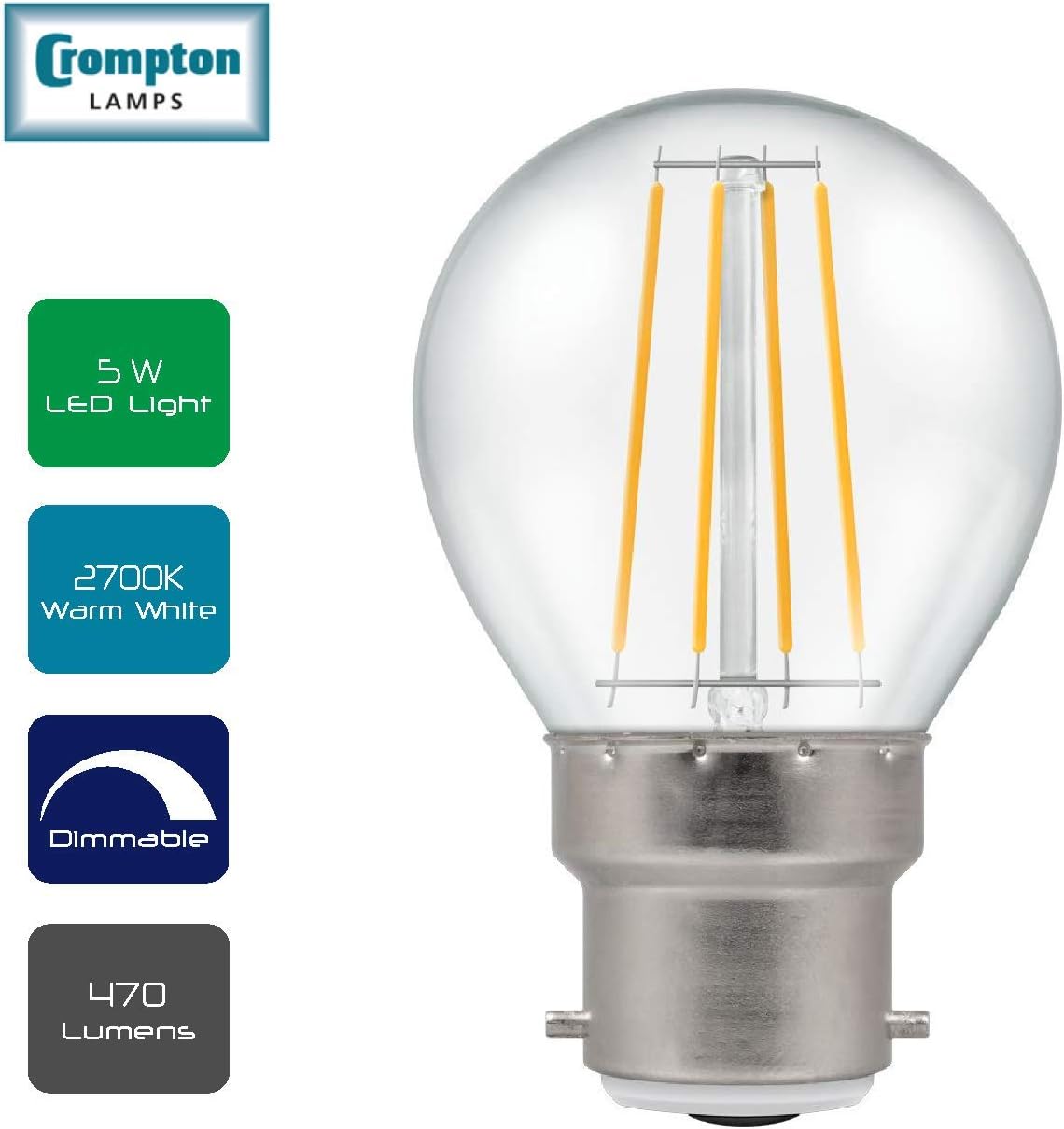 Crompton LED 5W B22 BC Dimmable Filament Golf Ball 2700K Warm - Image 3