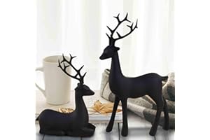 2pcs Reindeer Figurines for Christmas Decor, Reindeer Sculpture Black Resin Christmas Elk Statues Home Office Decorative Disp