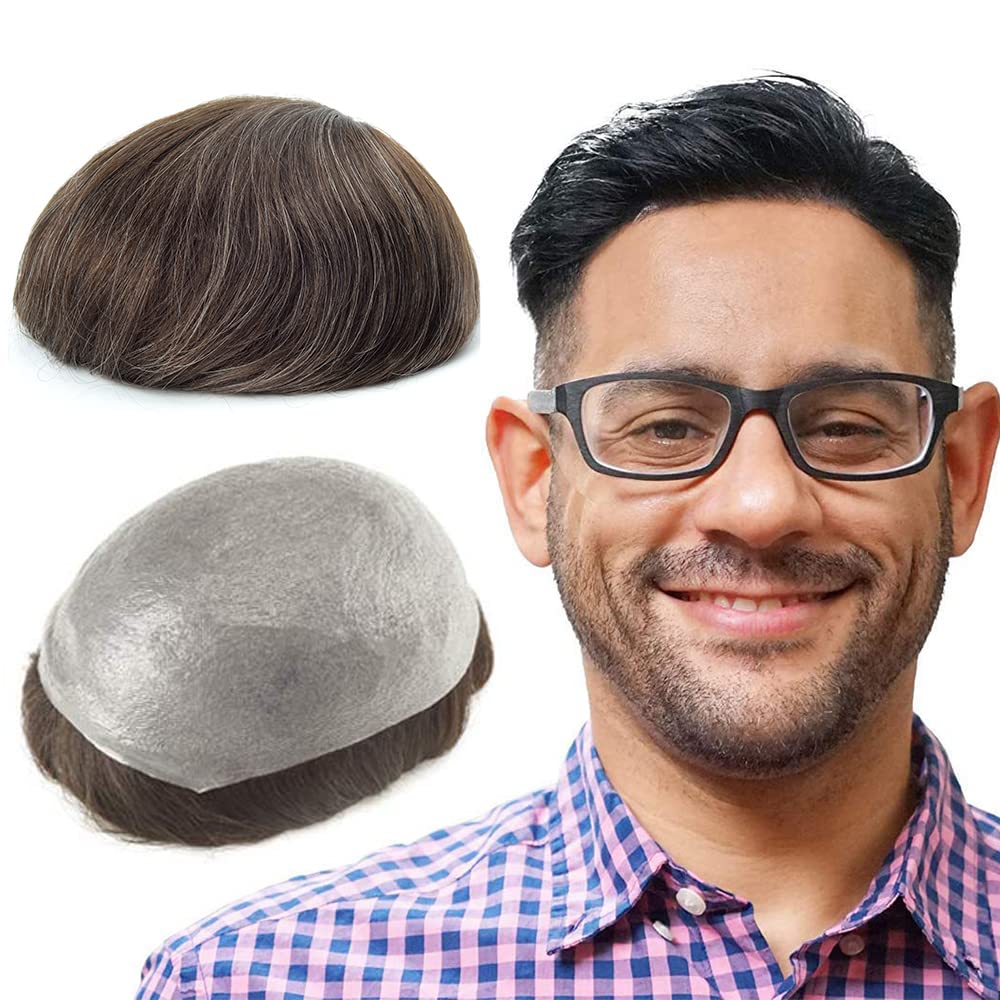 Lordhair Toupee for Men with 100% European human hair 8x10 inch Hairpiece for Men 0.06mm Super Thin Skin Hairsystem All V-looped Mens Toupee (Dark Light Brown 3#+20% Grey Hair)