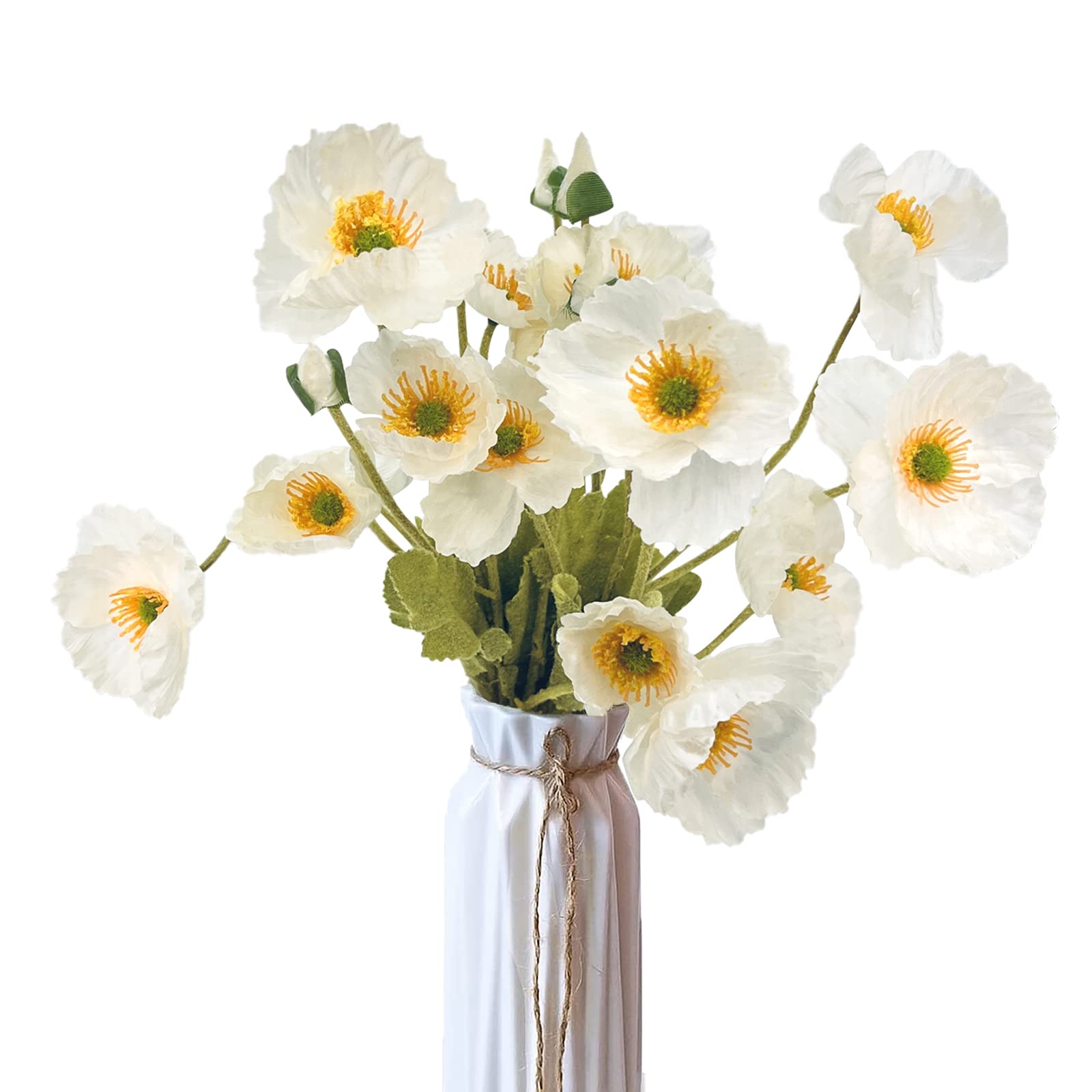Ikosora Artificial Flower, 5Pcs Artificial Poppies, Artificial Poppy Long Flower Stems Artificial Poppy for Vase Decoration, Fake Poppy Artificial Decoration Home Wedding Decorations (White)