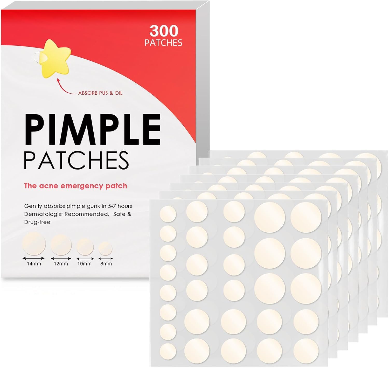 300PCS Pimple Patches Spot Patches Salicylic Acid Hydrocolloid Patches Spot Treatment Blemish With Tea Tree Oil Acne Patches Dots Spot Effectively Calms Relieves Acne