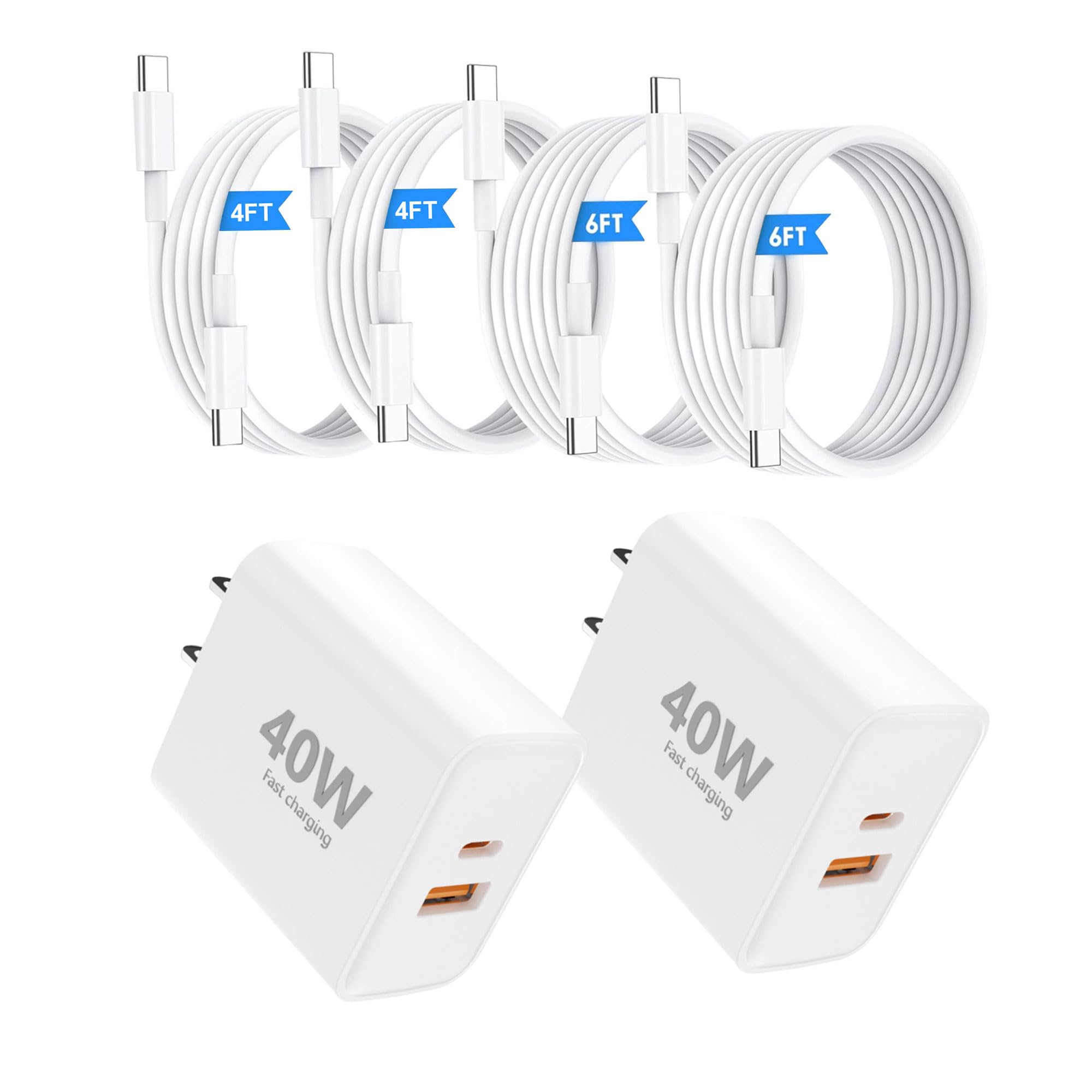 USB C Charger Block, 40W USB-C & USB-A Port Charger Block with 6FT & 4FT USB C Cable for i Phone 17/17 Pro/17 Pro Max/16/16 Plus/16 Pro Max/15/15 Plus【2 Pack】
