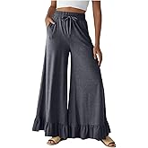 Wkishenl Womens Wide Leg Pants Drawstring Elastic High Waisted Ruffle Hem Palazzo Pant Flowy Comfy Casual Baggy Trousers 2026