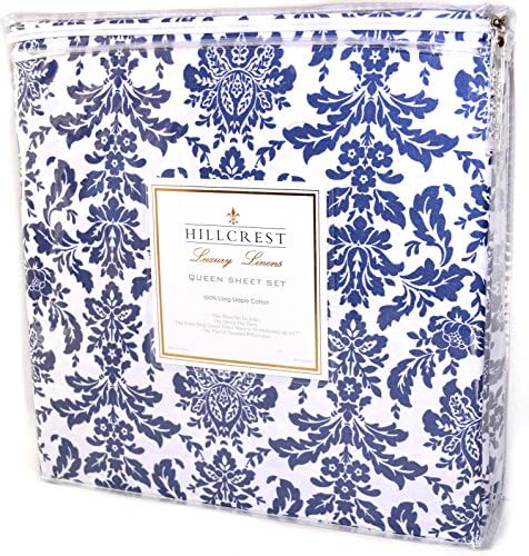 Hillcrest Blue Damask 4pc Sheet set 100% Cotton Luxury Linens Porcelain Blue White Subtle Pattern (Queen)