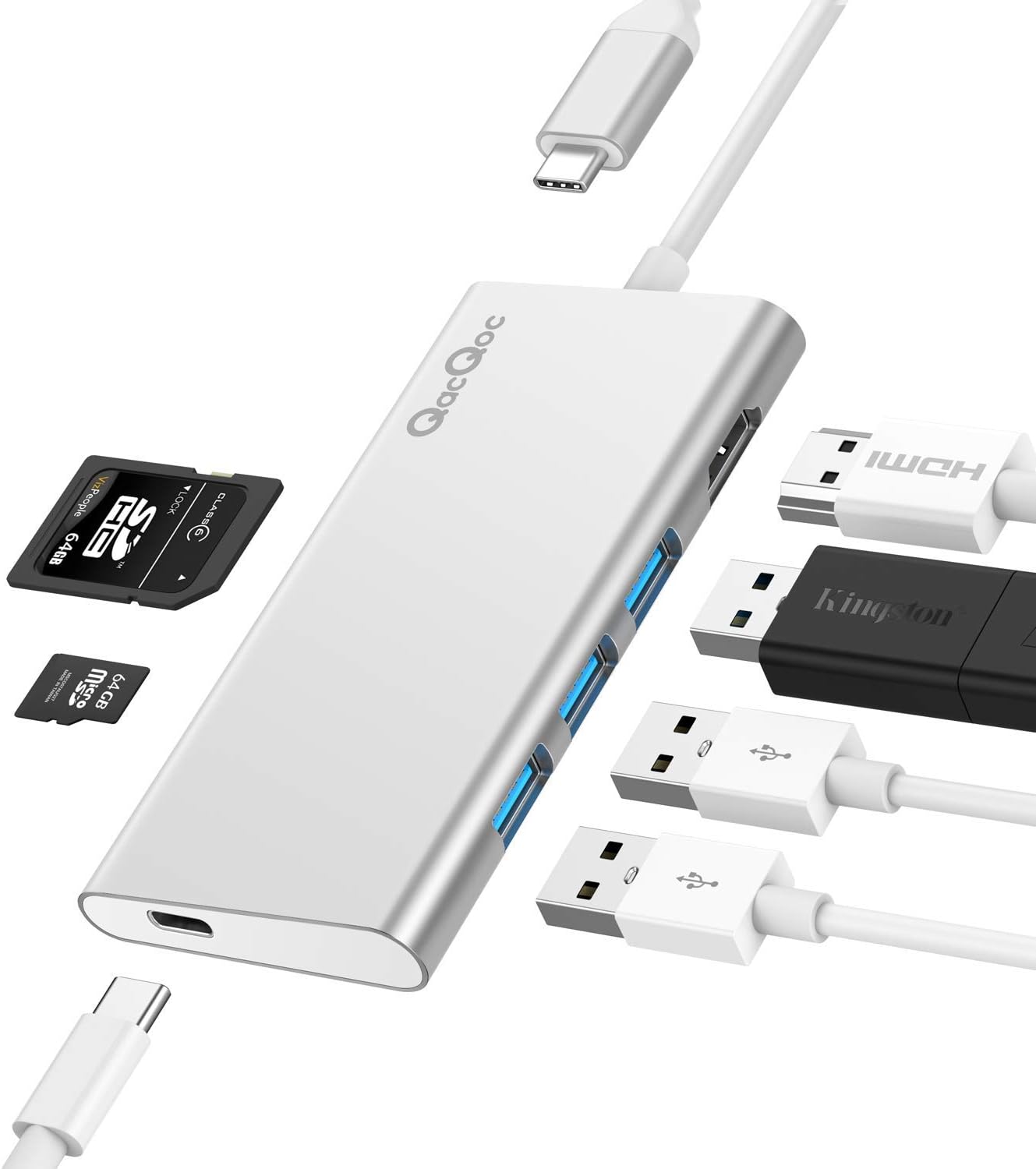 USB C Hub QacQoc 7-in-1 Type C Hub with PD Power Delivery, 4K USB C to HDMI, SD Card Reader, 3 USB 3.0 Ports for MacBook Pro and Type C Windows Laptops（Silver）