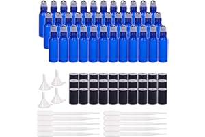 BENECREAT 30 Pack 5ml Coalt Blue Glass Roller Bottles with Stainless Steel Roller Balls, 10 Graduated Transfer Pipette and 4 
