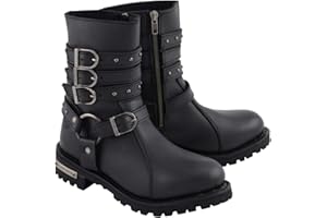 Milwaukee Leather MBL9399 Women's 9-Inch Triple Buckle Black Leather Harness Biker Boots w/Side Zipper