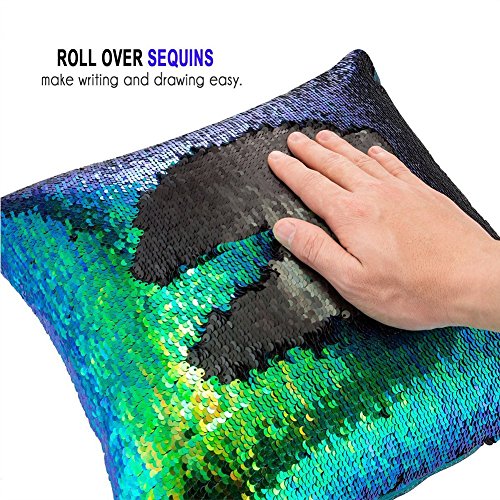 URSKYTOUS Reversible Sequin Pillow Case Decorative Mermaid Pillow Cover Color Changing Cushion Throw Pillowcase 16” x 16”,Fancy Green and Black - Thumbnail 3