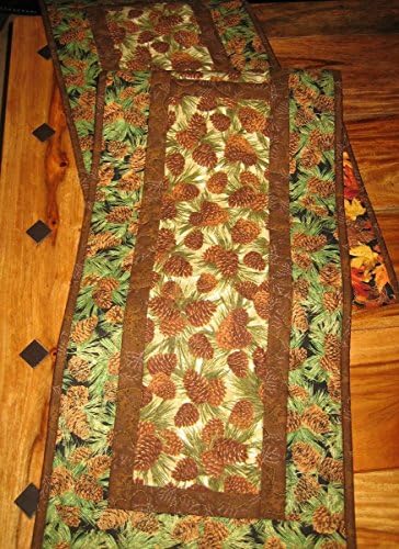 Quilted Table Runner Pine Cones Leaves 13 x 70" Reversible, Cotton Fabric