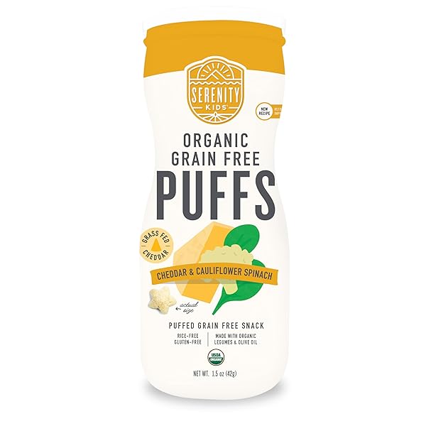 SERENITY KIDS 6+ MONTHS GRAIN-FREE BABY PUFFS – MELT-IN-MOUTH TODDLER SNACKS, EASY-GRIP INFANT SNACKS, REAL VEGGIE & OLIVE OIL ORGANIC BABY FOOD, 1.5 OZ, PACK OF 1, WHITE CHEDDAR & CAULIFLOWER SPINACH