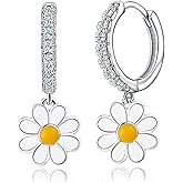 Daisy Hoop Earrings White Simple Drip Glue Flower Dangle Earrings S925 Sterling Silver Small Sweet Cute Sunflower Cartilage Huggie Earrings for Women Bff Birthday Gifts Beach Jewelry for Summer