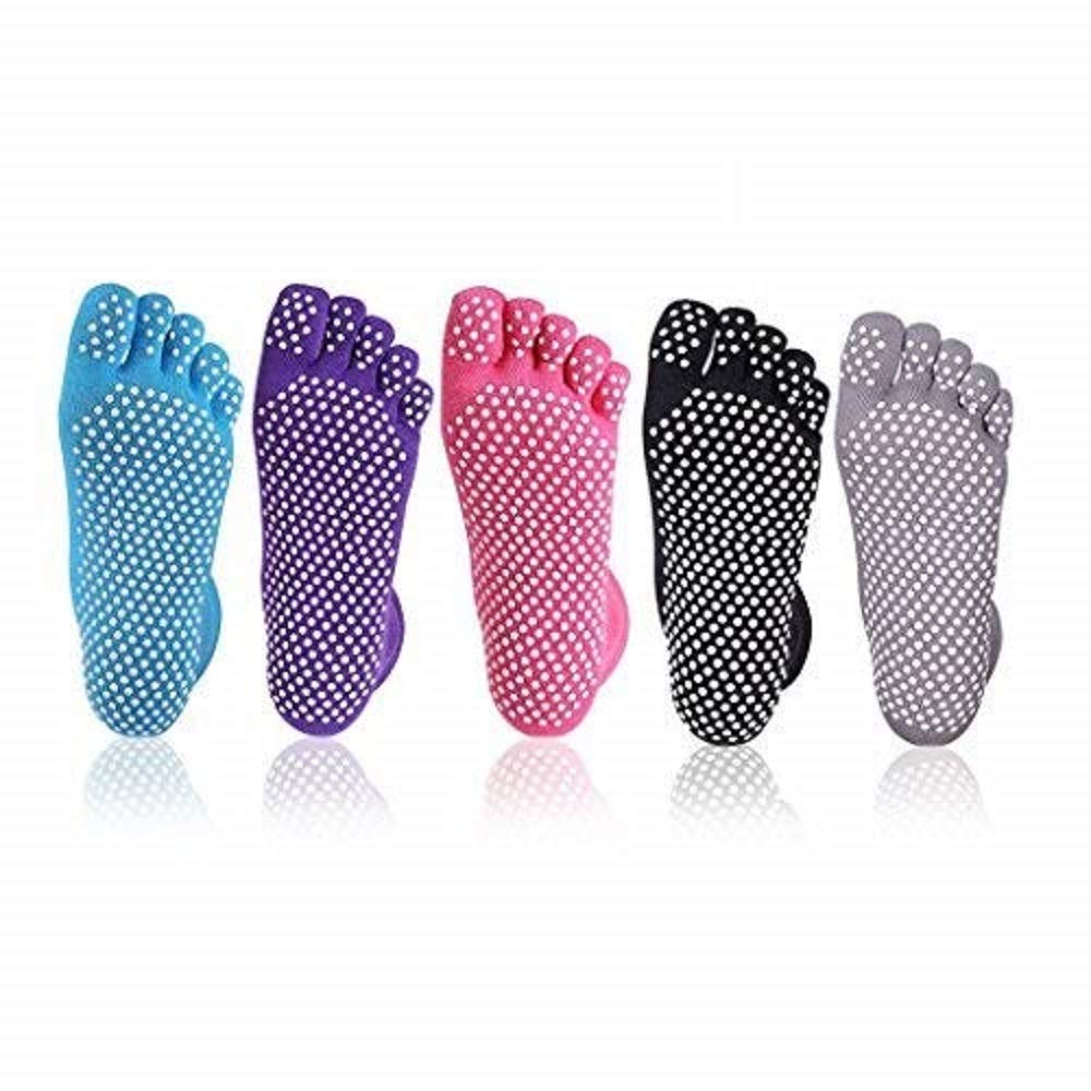 XLKJ 5 Pairs Anti-slip Fitness Yoga Pilates Dance Barre Socks Anti-Slip Full Toe with Grips Cotton for Women