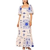 Hykytyhk Women's Boho Floral Maxi Dress Short Sleeve Square Neck Ruffle A Line Long Sun Dresses