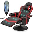 Athena Collection Massage Gaming Chair with Bluetooth Speaker Ergonomic Computer Desk Chair Swivel Office Chair Adjustable Recliner PU Leather Chair w/Footrest Cup Holder Side Pouch Headrest, Red