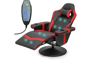 Athena Collection Massage Gaming Chair with Bluetooth Speaker Ergonomic Computer Desk Chair Swivel Office Chair Adjustable Recliner PU Leather Chair w/Footrest Cup Holder Side Pouch Headrest, Red