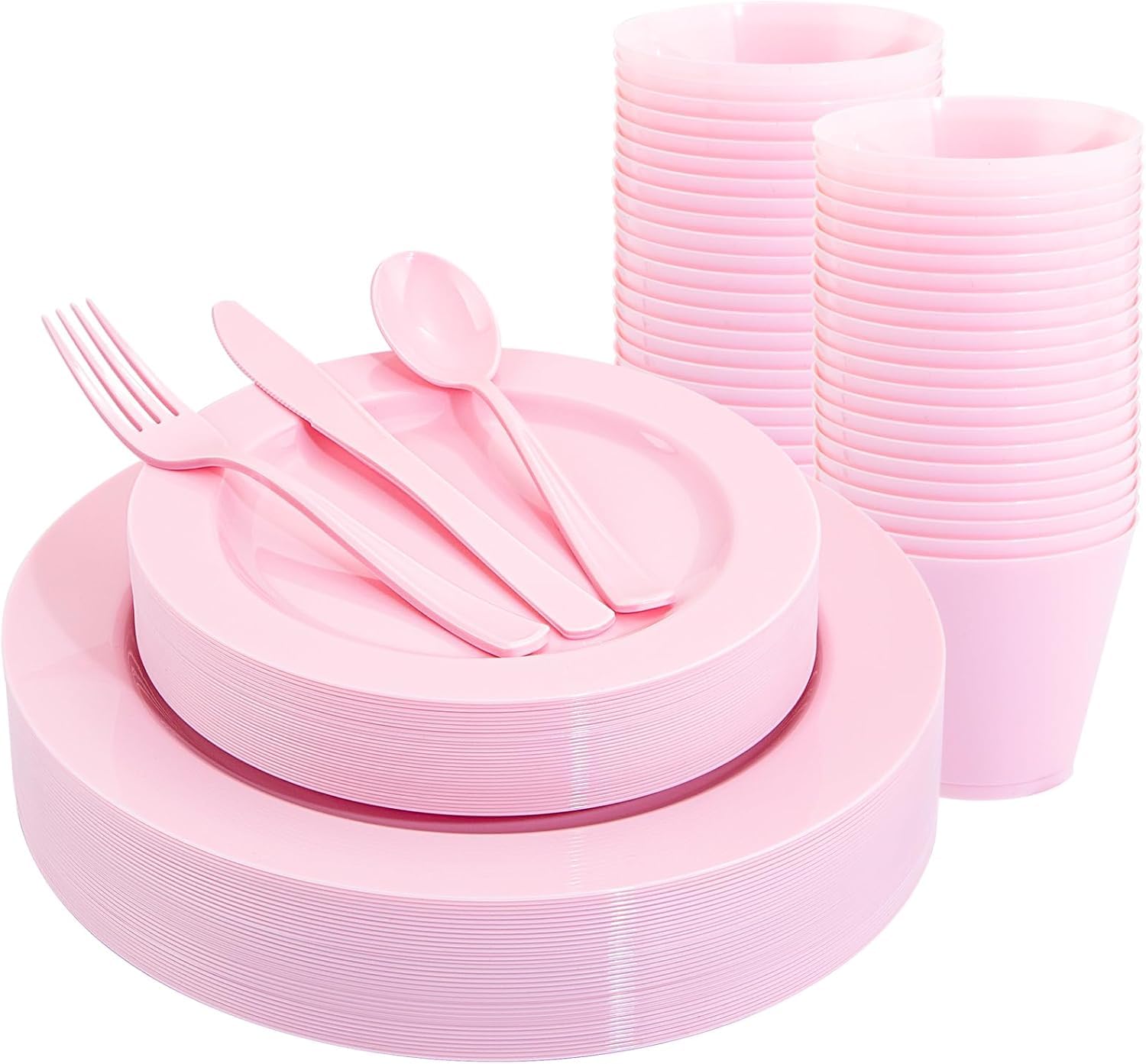KIRE 150 Pieces Pink Plastic Plates Disposable - Pink Dinnerware Set Include 25 Dinner & 25 Salad Plates 25 Forks 25 Knives 25 Spoons 25 Cups for Baby Shower/Bridal Shower/Easter Image