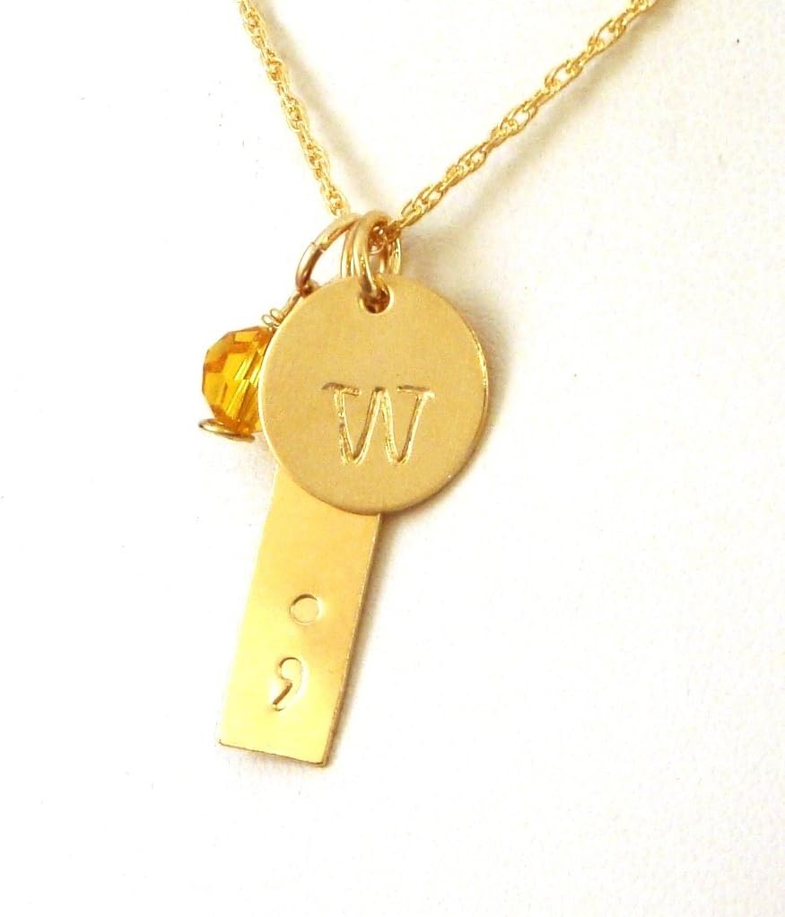 Gold Semicolon with Initial Necklace | Gold Mental Health Awareness Necklace | Gold Suicide Prevention Necklace