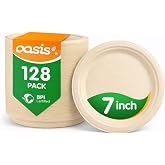 OasisSN 7 Inch 128 Pack Compostable Disposable Paper Plates, Heavy Duty Sugarcane Bagasse Plates, Biodegradable Eco-Friendly for Snacks &amp; Parties, Unbleached Natural
