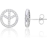 Sterling Silver Pave Peace Sign Stud Earrings