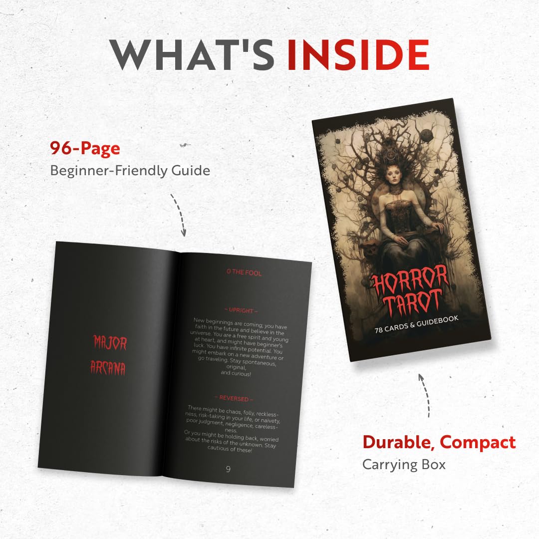 CRAFTERIAN Horror Tarot Cards, 78 Cards Deck with Foil Edges, Original for Beginners and Experts with Guide Book, Fortune Telling Game, Divination Tools for All Skill Levels.
