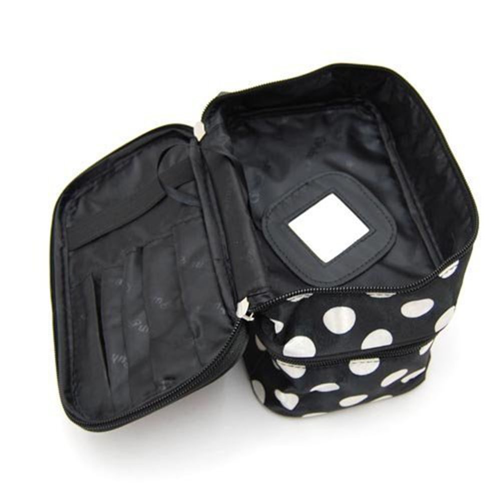 BONAMART Small Travel Makeup Bag Cosmetic Organizer Case for Women, Professional Double Layer Black Pink Dot Toiletry Train Brush Bags With Mirror for Girls Ladies (7.87x4.72x5.51 Inches) : Beauty
