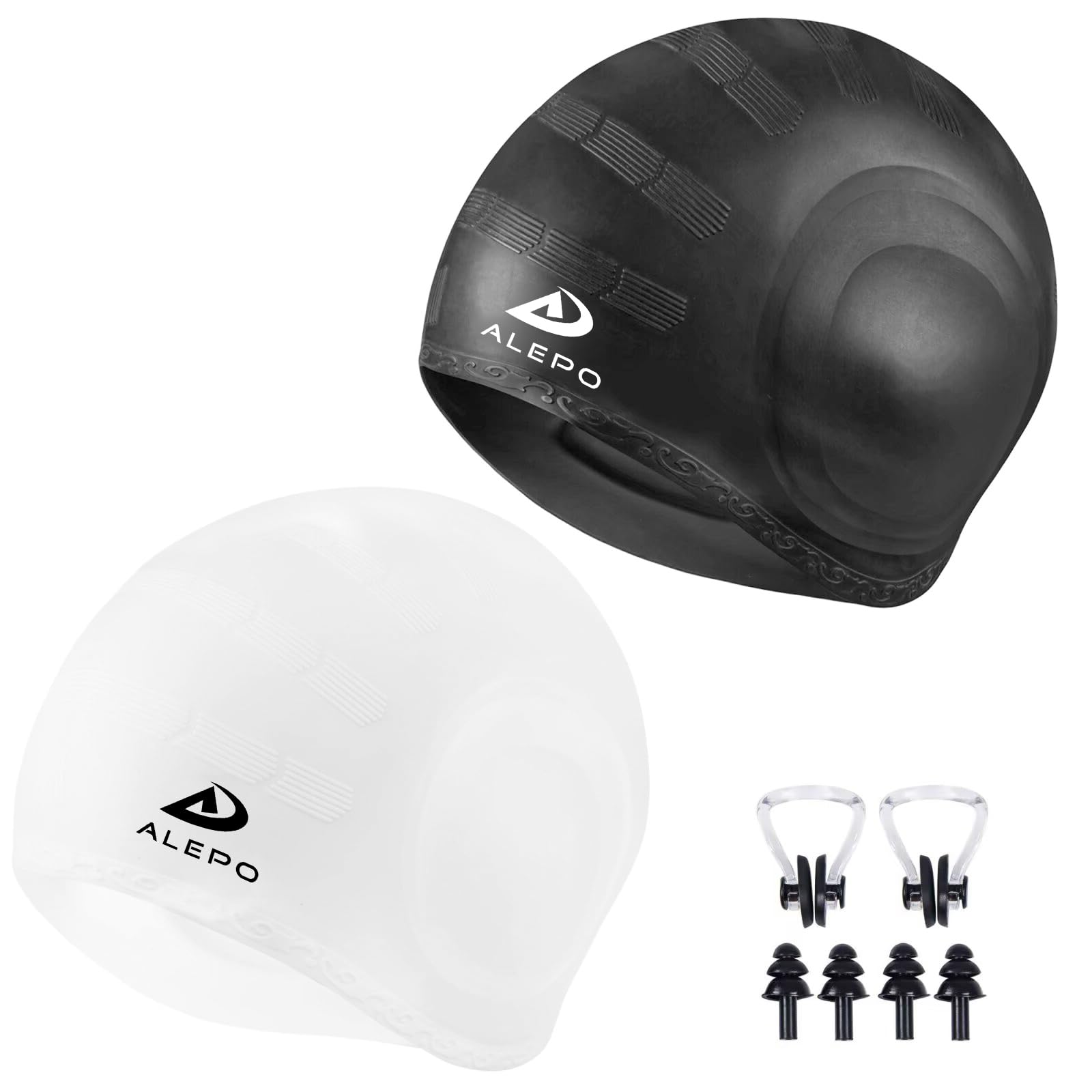 Alepo 2 Pack Swimming Cap Unisex with 3D Ear Protection, Durable Flexible Silicone Swimming Hat Women Men Kids Adults, Bathing Swim Cap for Short/Long Hair with Ear Plugs&Nose Clip（Black+White）