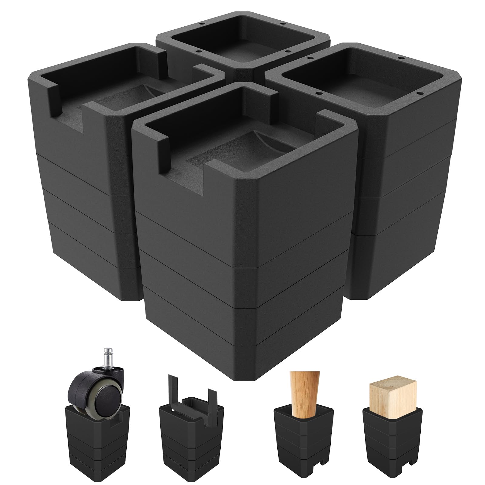 MYMULIKE Bed Risers 4 inch, 3 inch, 2 inch, 1 inch, Heavy Duty Furniture Risers for Caster Wheels, Up to 6,000 lbs, Multi-Function Desk Table Risers for Bed Furniture Frame, Couch, Sofa, Bookshelf
