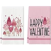 Artoid Mode Pink Love Heart Tree Happy Valentine's Kitchen Towels Dish Towels, 18x26 Inch Anniversary Wedding Decoration Cleaning Set of 2