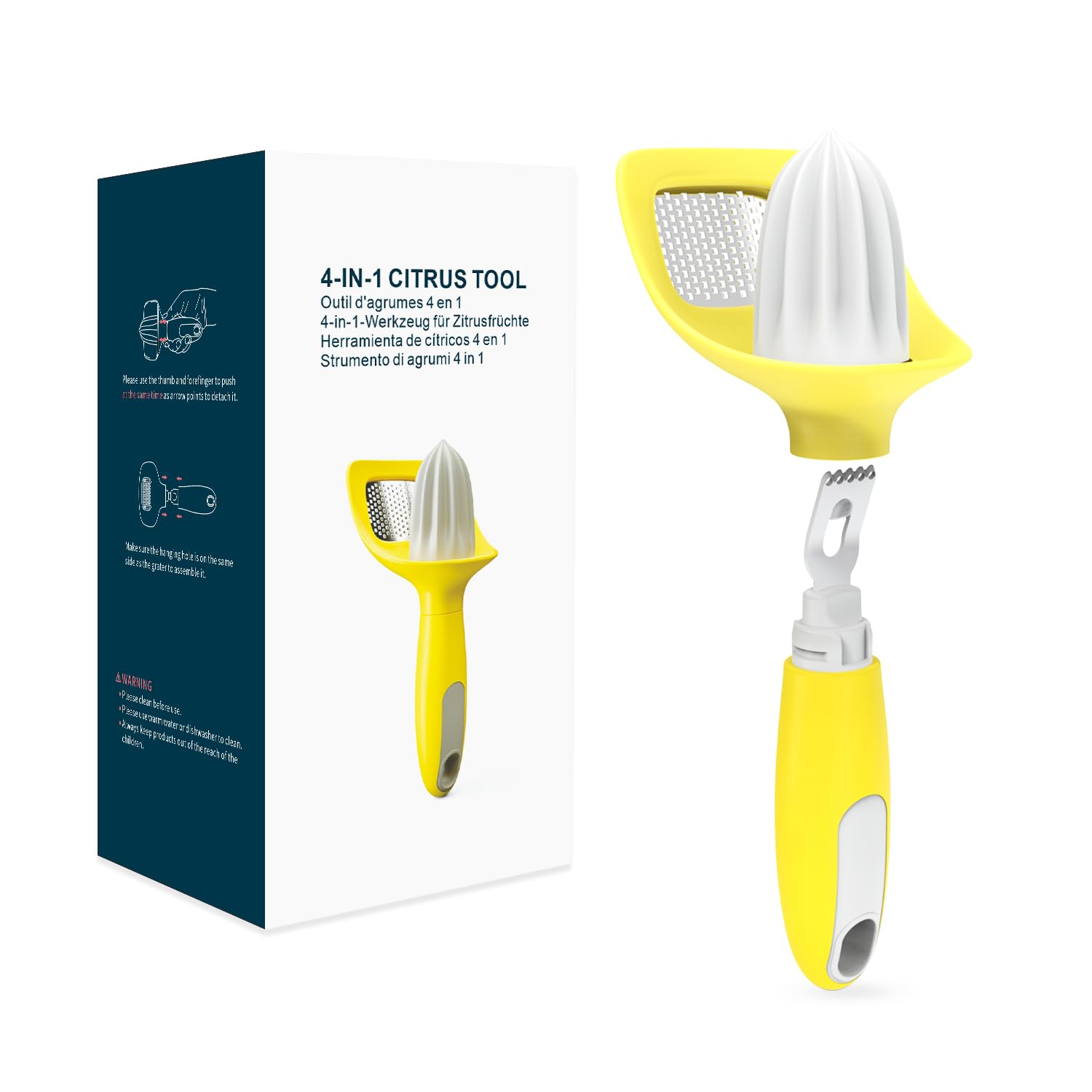 KITCHENDAO 4 in 1 Citrus Tool - Citrus Reamer with Catching Cup, Channel Knife，Lemon Zester， Grater - Soft Touch Grip - Compact for Easy Storage - Dishwasher Safe