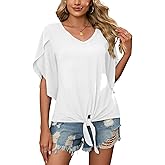 SUEANI Women's Tie Front Blouses V Neck 3/4 Split Sleeve Summer Knot Tops T Shirts