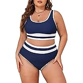 Eytino Womens Plus Size Bikini Sets High Waisted Scoop Neck Bahting Suits Two Piece Color Block Swimsuits(1X-5X)