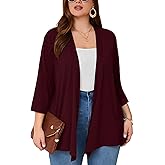 AusLook Women's Plus Size Lightweight Open Front Cardigan 3/4 Sleeve Cover Ups Shrugs Shawls and Wraps Kimono Jacket Coat