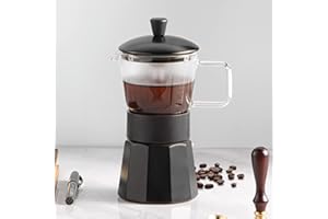 SIXAQUAE Moka Pot (120ml, Black) - Italian Design Espresso Maker, 3 Cup, Borosilicate Glass Top, Aluminum, Reusable Filter, Manual, 1.5lbs, Compatible with Induction Cooktops