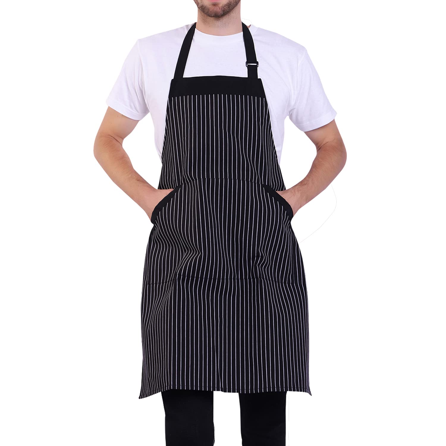 BIGHAS Adjustable Bib Apron with Long Ties for Women Men 18 Colors Chef Kitchen Cooking (Bk&wh Stripes)