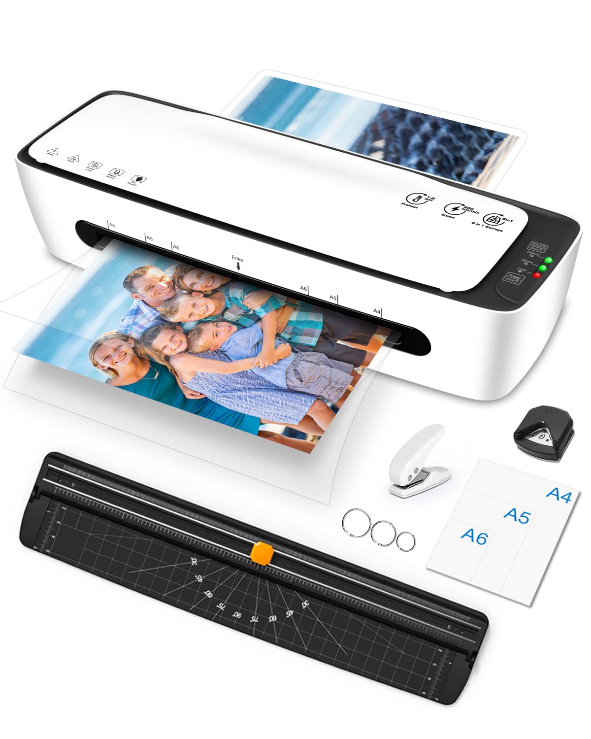 Laminator Portable A4 Thermal Laminating Machine with Laminated Pouches and Cutter, Hot and Cold Settings, 1 Min Fast Warm Up, Jam Free, 6-in-1 9 Inches Home Lamination for Home School Office Use