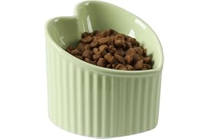 FIVEAGE 5.5 Inch Raised Tilted Cat Food Bowl, Elevated Ceramic Cat Bowl, Love Heart Shape, Slanted Pet Feeding Dish, Stress Free Feeder Bowl for Kitty, Small Cats, Protect Pet's Spine, 1 Pack - Green