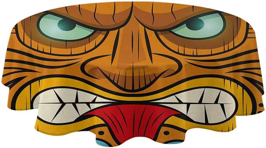 Tiki Bar Round Outdoor Tablecloth Cartoon Style Angry Looking Tiki Warrior Mask Colorful Icon Totem Culture Print Water Resistant Spill Proof Tablecloths Multicolor (Diameter 36")