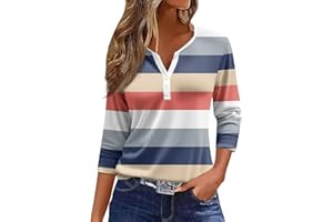 RPVATI Summer Women's T Shirts Button V Neck 3/4 Sleeve Tops Henley Floral Striped Print Tees Tunic Blouses