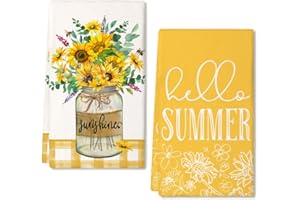 ARKENY Sunflower Hello Summer Kitchen Towels Dish Towels Set of 2,Yellow Vase Floral Hand Towels 18x26 Inch Drying Dishcloth,Farmhouse Home Seasonal Holiday Summer Decorations AD317