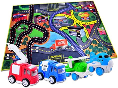 CARLORBO 4 Play Vehicles with Large Playmat Set - Die-Cast Pull Back and Friction Powered Toys with a 59×39in "My Town" Play Mat,Best Christmas Gift Toddler Toys for ages 3+