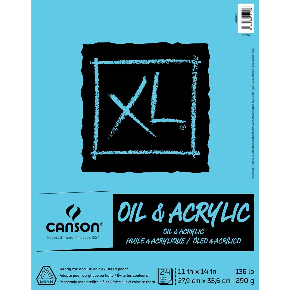 Canson XL Series Oil and Acrylic Paper Pad, Bleed Proof Canvas Like Texture, Fold Over, 136 Pound, 11 x 14 Inch, White, 24 Sheets, 0, 11"X14"