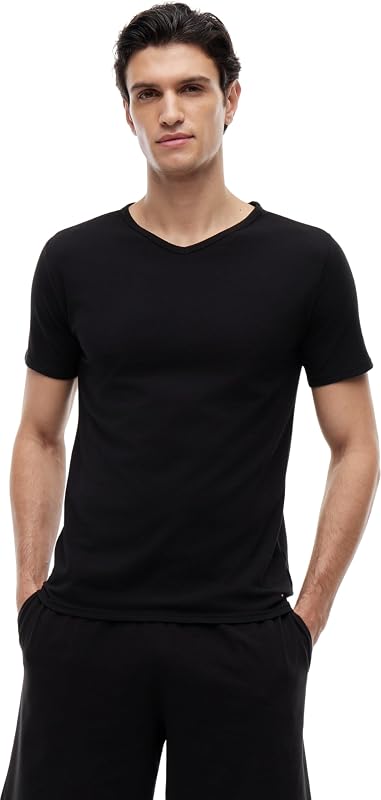 T-Shirts Manches Courtes Lot de 3 Homme Stretch Col en V, Noir (Black/Black/Black), S — photo 3 sur 5
