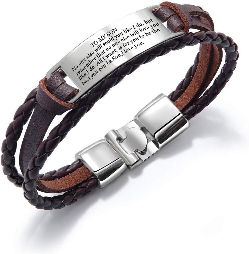 Murinsar Personalized Custom Inspirational Stainless Steel TO MY SON DAUGHTER DAD MOM Engraved Quotes Bracelet Wrap Leather Bangle,Black,Brown,Free Engraving