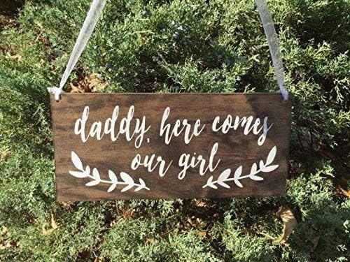 CPWood 14x30cm Dark walnut and white lettering Daddy here comes our girl, here comes our girl sign, flower girl sign, ring bearer sign, rustic wedding signage, rustic sign, stained wood cb639707
