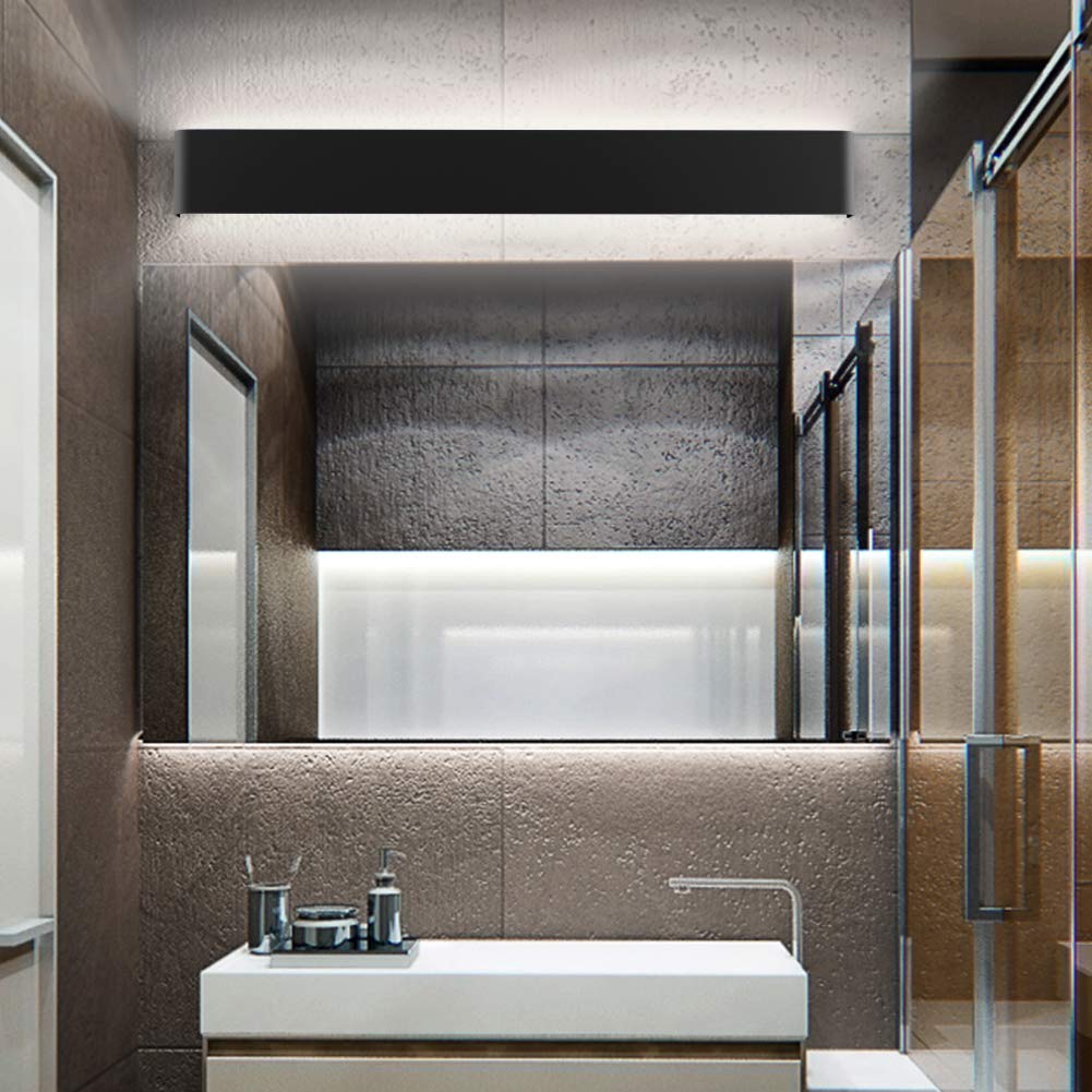 Ralbay Modern Black Bathroom Vanity Light installed above a mirror in a bathroom, showcasing its up/down lighting effect.